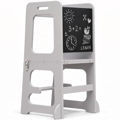 Image of Avenlur Toddler Tower, Date 4-in-1 Kitchen & Learning Tower (Gray) | Avenlur Date 4-in-1 Kitchen Tower doubles as a kitchen stool for toddlers, montessori tower, and toddler tower table.