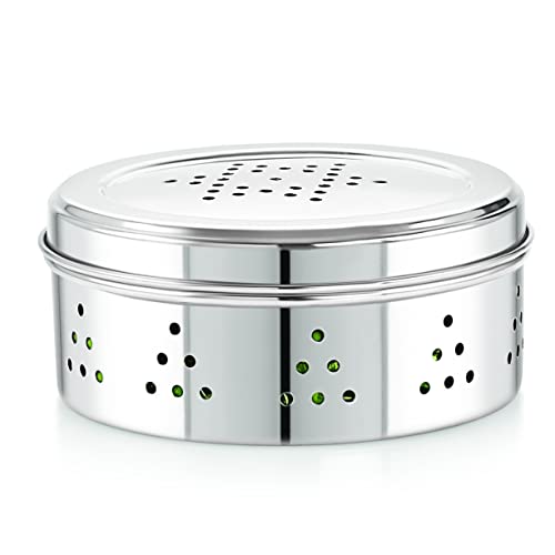 neelam Stainless Steel Coriander Dabbas with Air Ventilation Size No.8 - Steel Utility Container, Silver, (SBCD089H)