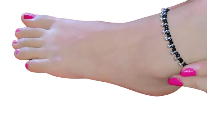 Metal Silver Hanging Beads with Glossy Black beads Chain Anklet |For Women |Girls |Black Nazariya |pack of 1 |Good Luck |Workwear |Payal Charms| Fold Over Clasp-image-15