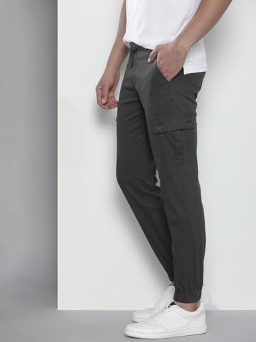 Image of THE INDIAN GARAGE CO Men Slim Fit Solid Mid-Rise Stretchable Cuffed Cargos