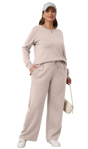 Image of WIHOLL Women's 2 Piece Lounge Sets Sweatshirt Casual Travel Outfits Fashion Wide Leg Tracksuit Cozy Sweatsuits