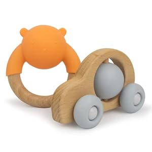 Wooden Baby Teething Toys Set of 2 (Car & Ring Shaker) – Food Grade Teether Ring and Rattle with Push Along Organic Car for Teething Relief and Endless Fun