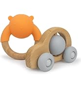 Wooden Baby Teething Toys Set of 2 (Car & Ring Shaker) - Food Grade Teether Ring and Rattle with ...