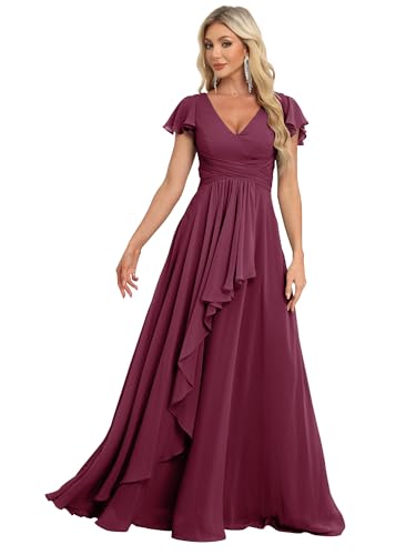 Bridesmaid Dresses Chiffon Wedding Guest Dresses for Women Floor Length V-Neck Ruffle Sleeves Ruched Formal Dress