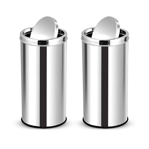 Image of mofna Stainless Steel Swing lid dustbin, Garbage Bin, Trash Can, with removable lid For Home, Kitchen, Bathroom, Office & Commercial Use - 14x24 In -60 Liter, Silver, Pack of 2