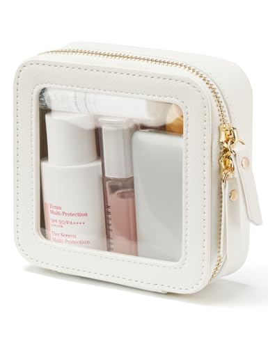 Small Cosmetic Bag for Purse Mini Makeup Bag for School Cute Clear Make Up Pouch for Travel Tiny Leather White Make Up Organizer Case for Backpack Toiletry Bag Waterproof Square Pouch with Zipper