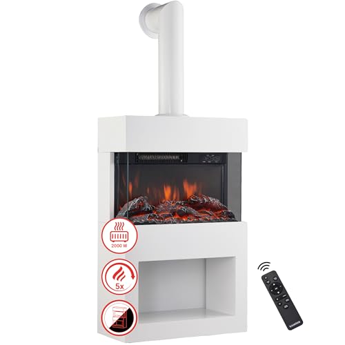 KAMINIO Cheminée Electrique Henri avec Tuyau de poêle - Poêle Électrique avec Chauffage, Effet de Flamme 3D, Compartiment à Bois, télécommande (Blanc)