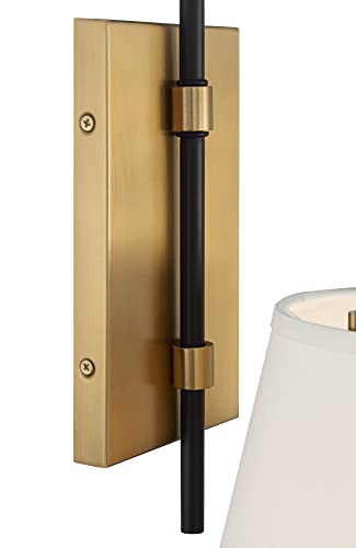 Image of Possini Euro Design Crysta Mid Century Modern Wall Light Sconce Warm Brass Black Hardwired 8 inch Fixture White Linen Drum Shade for Bedroom Living Family Room Home Hallway Dining House