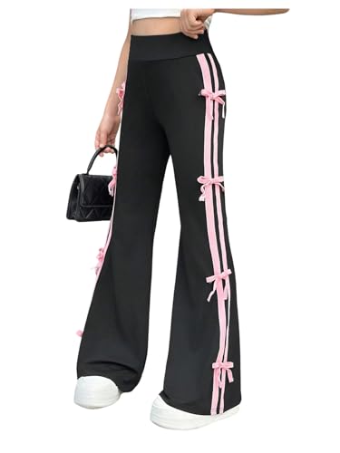 Verdusa Girl's Bow Striped Bell Bottom Flare Pants Sport Workout Track Pants