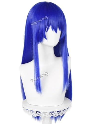 Image of Half and Half Long Deep Blue Anime Wig for Kokomi Teruhashi Cospaly 23.6'' Dark Blue Female Wig with Bangs Sapphire Blue Synthetic Hair Wigs for Women Halloween Party Costumes