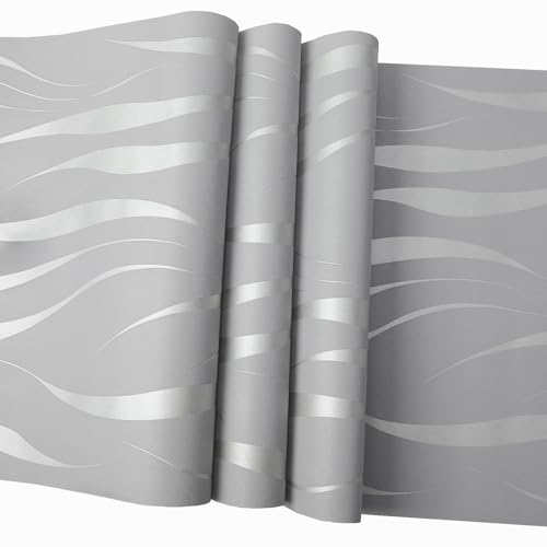 Pamatio Tapete Silbergrau Vliestapete 3D Schimmerndes Wellenstreifenmuster Wanddekoration für Wohnzimmer, Schlafzimmer, Flure und Büros 0,53 Meter x 9,5 Meter
