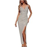 Wedding Guest Dresses for Women V Neck Spaghetti Strap Solid Long Wrap Dress Side Split Sexy Party Bodycon Skirt Beige