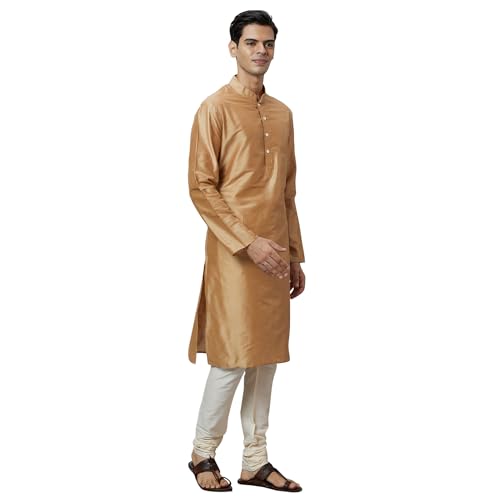 Image of Ethnix by Raymond Men Regular Fit Solid Pattern Solid Pure Polyester Full Sleeve Stand Collar Kurta Only