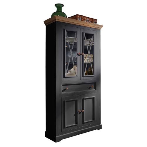 Lomadox Wohnwand TV-Wand Kiefer grau Eiche 4-teilig Landhausstil, 1 Vitrine, 1 Vitrinenschrank, 1 Lowboard, 1 Wandboard – Bild 3