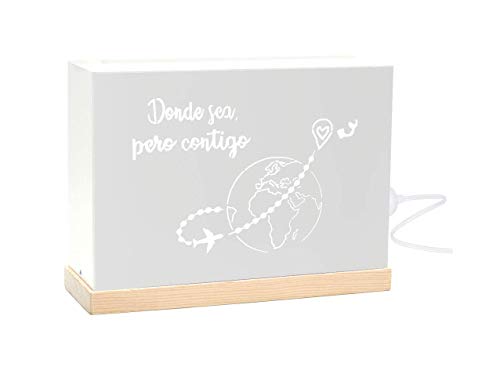 60watios.com | Lampara Decorativa de Metal y Madera Natural con Mensajes Personalizados | Caja con Letras Luminosas para Salón | Regalos Originales Dormitorio (Blanco - Donde sea Pero Contigo)