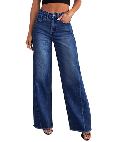 GRAPENT Wide Leg Jeans for Women High Waisted Trendy Strechy Denim Pants Side Seam Frayed Hem Baggy Work Trouser Jeans
