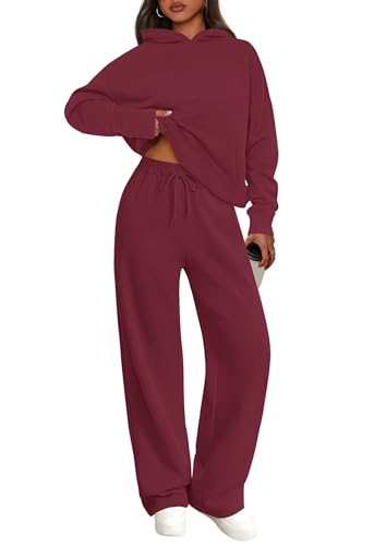 PRETTYGARDEN Women's 2 Piece Outfits Fall Sweatsuits Oversized Hoodies Wide Leg Sweatpants Tracksuits Lounge Matching Sets (Burgundy,XL)