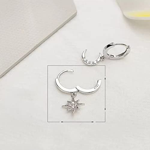 Omnesgit Moon Star Dangle Small Hoop Earrings For Women, 925 Sterling Silver With Cubic Zirconia Drop Jewelry For Gift #TOP3