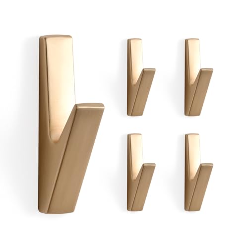 SARIHOSY Fila di ganci per gancio da parete oro, 5 ganci appendiabiti quadrati in ottone dorato, grandi ganci appendiabiti in ottone antico, ganci appendiabiti in ottone resistente, ganci a vite per