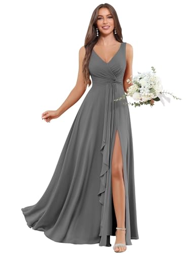Image of BOLENSYE Bridesmaid Dresses Long Ruched Ruffles Chiffon A Line Evening Party Gown with Pockets Slit