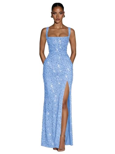 Meicuhap Sequin Mermaid Prom Dress with Slit Square Neck Sparkly Ruched Maxi Long Evening Dress for...
