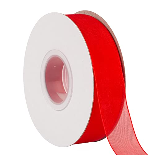 TEKDEERE 25mm Sheer Organza Ribbon,Red Shimmer Chiffon Ribbon for DIY Crafts Wedding Party Decorations Gift Wrapping Bridal Bouquets (45M)