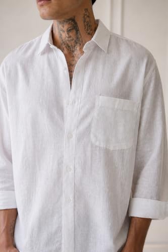 Image of SCRTCH White Boxy Fit Linen Shirt for Men | Full Sleeve Button Down Breathable Linen Fabric Relaxed Oversized Silhouette | Contemporary Street Style Shirt