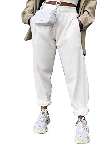 Abtel Frauen Hohe Taille Waist Dick Casual Sport Jogginghose Damen Trainingsanzug Unten Elastischer Bund Einfarbige Hose Jogginghose Füße binden Hose mit Taschen L Weiß Cover