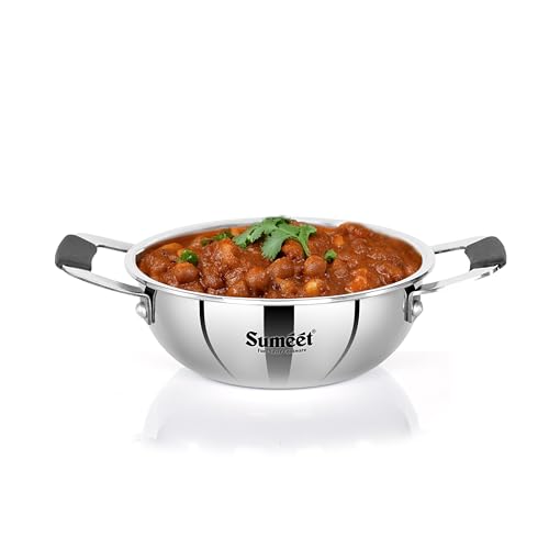 Image of Sumeet Cook Smart ISI Certified Tri-Ply (Steel - Aluminium - Steel) Mini Kadai with Silicon Grip | Induction and Gas Friendly | 2.5mm Thick | 370ml -12Cm, Silver