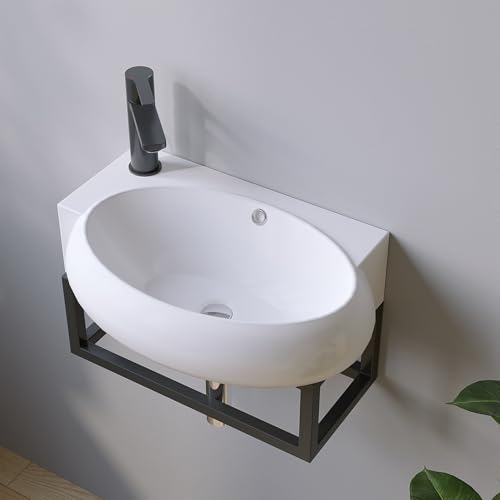 Waschbecken Keramik Waschtisch Hängewaschbecken klein Handwaschbecken Weiß Eckig-Oval 44 x 29 cm Badezimmer Gäste WC | Hahnloch Links | Überlauf | Stockschrauben | OHNE Wasserhahn | OHNE Ablaufventil