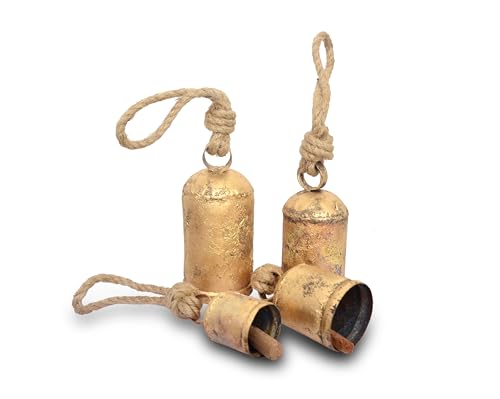 Set of 4 Vintage Metal Cow Bells–Rustic Brass Jingle Bells Indian Tin Bells on Rope for Christmas Decor Hanging Lucky Harmony Bells Ideal for Holidays Festive Decoration