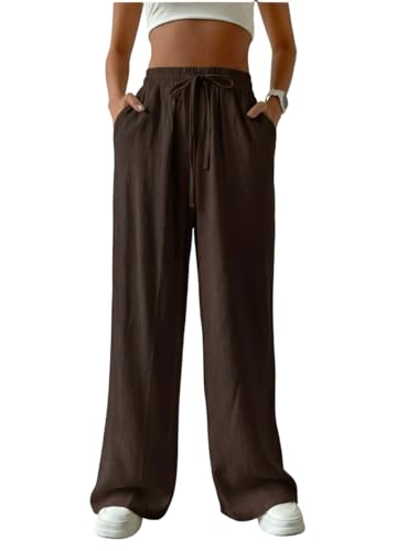 Image of ALYNE Women's Wide Leg Pants High Waisted Linen Look Textured Blend Drawstring Palazzo Trousers with Pockets Casual Relaxed Fit Flowy Soft Comfort Long Pants