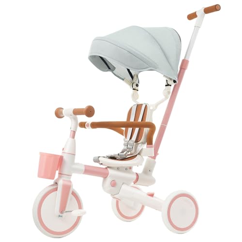 Foldable Kids Tricycle with Adjustable Pedals, Removable Canopy Cup Holder