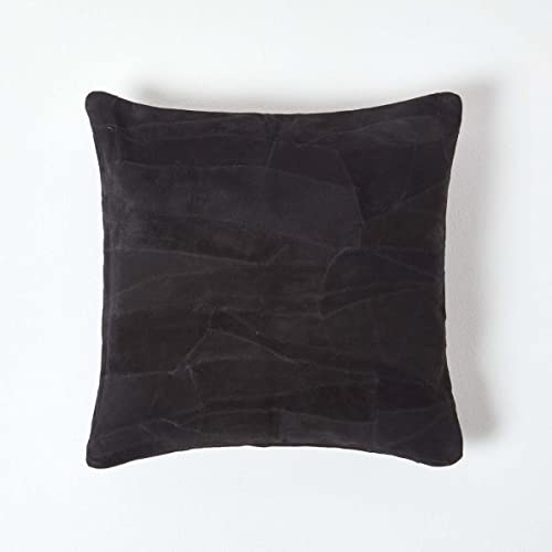 HOMESCAPES Real Leather Black Cushion with Feather Cushion Insert 45 x 45 cm Square - 18 x 18 Inches - Black Recycled Leather Suede Sofa Cushion with Patchwork Pattern