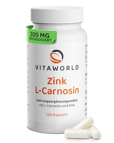 Zink L-Carnosin Kapseln hochdosiert - Zink-Carnosin Komplex 15mg Zinc Carnosine 300mg pro Tag (120 vegane Kapseln) - unterstützt Verdauung und Zellgesundheit - laborgeprüft ohne Zusätze - vitaworld