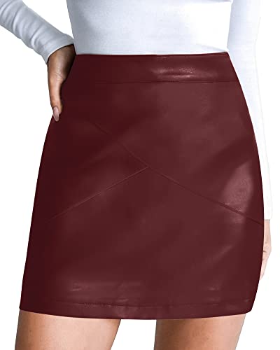 Image of MANGOPOP Women's Basic High Waist Faux Leather Bodycon Mini Pencil Skirt (Wine Red-1, XX-Large)