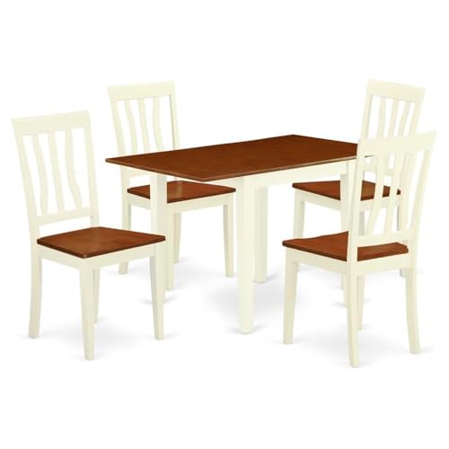 East West Furniture NDAN5-WHI-W Norden - Set di mobili da 5 pezzi composto da un tavolo rettangolare da cucina con piano ribaltabile e 4 sedie da pranzo, 76 x 122 cm, colore: latticello e ciliegia
