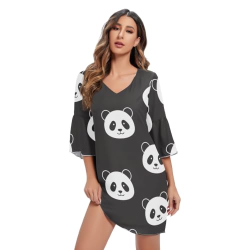 Robe d'été en mousseline de soie col en V femme Black White Panda légère