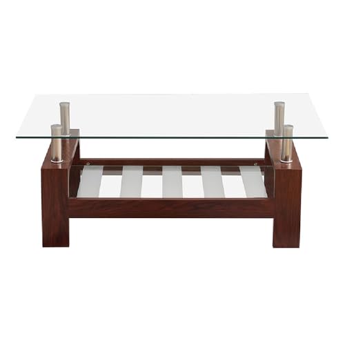 Image of Royaloak Muar Malaysian Glass Center Table | Tempered | Wooden Base | Centre Table for Drawing Room, Office, Living Room | Unique Coffee Table with Bottom Shelf for Utility