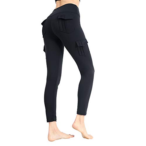 JEGGE High Waist Yoga Leggings with 4 Pockets,Tummy Control Workout Running 4 Way Stretch Cargo Pocket Leggings (Black, XL) Cover