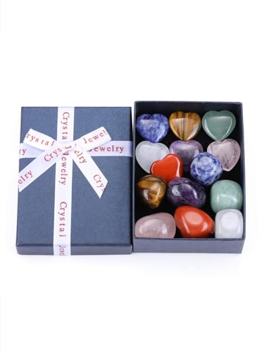 Jovivi 14 Pcs Healing Crystal Chakra Stones Set, Chakra Heart Crystal Stones, 7 Chakra Tumbled Stones Bulk Natural Amethyst Rose Quartz Green Aventurine Tiger Eye for Reiki Chakra Meditation