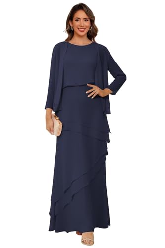 YOFF 2 Pieces Mother of The Bride Dress with Jacket Floor Length Chiffon Maxi Evening Dress Long Sleeves Formal Dress for Women Navy Blue Plus Size 6