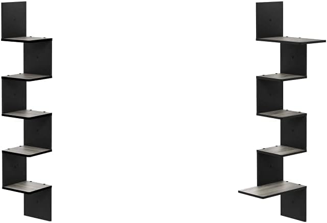 Furinno Rossi Wall Mount Floating Corner Shelf, 5-Tier Square, French Oak Grey/Black & Rossi Wall Mounted Shelves, 5-Tier Rectangle, French Oak Grey/Black