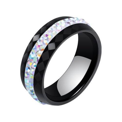 Image of PAMTIER Unisex Ceramic 8mm Crystal Zircon Inlay Eternity Ring | Personality Simple, Multi-Faceted Rhombic Cut, 2 Lines Rows Wedding Band