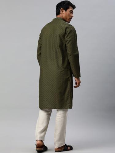 Image of Majestic Man Men's Cotton Blend Regular Fit Casual Polyester Mandarin Collar Ethnic Motifs Embroidered Long Regular Kurta