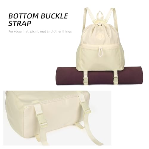 ALUSBELL Drawstring Backpack for Women, Water-Resistant String Backpack, Lightweight Gym Bag with Yoga Mat Strap Beige4