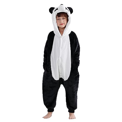 MICHLEY Animal Hooded Romper Kids Flannel Halloween Cosplay Pajamas Costume 3-12T for Autumn Winter, Panda, 11-12 T, Size140
