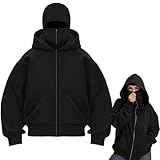 Bzxpk Zip Up Hoodie with Built-in Balaclava, Windproof Double Hooded Jacket for Men & Women(US, Alpha, X-Large, Regular, Regular, Black)