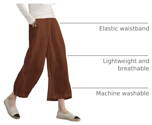 Image of ECUPPER Womens Cotton Cropped Pants Wide Leg Trousers | Casual, Plus Size, Elastic Waist, Capri, 100% Cotton, Loose Fit, High Rise Waist, Lounge Pants