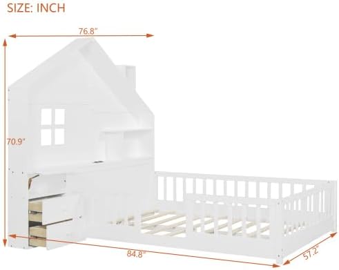 Kids Floor House Bed - Full Size with Storage Headboard